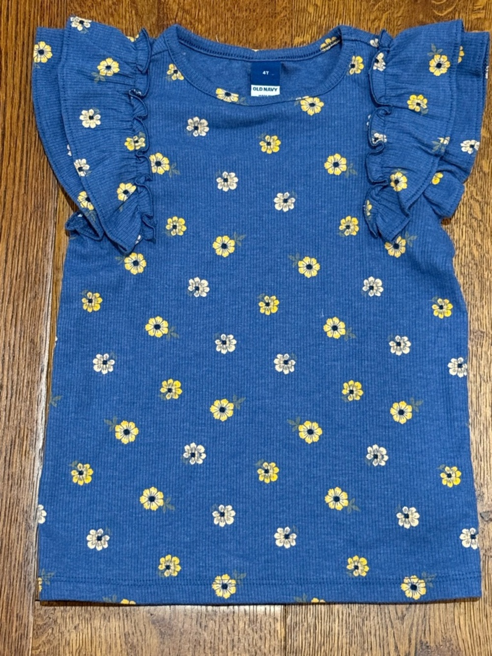 Old Navy Girls 4T Blue Floral Ruffle Sleeve Top Ribbed Spring Summer